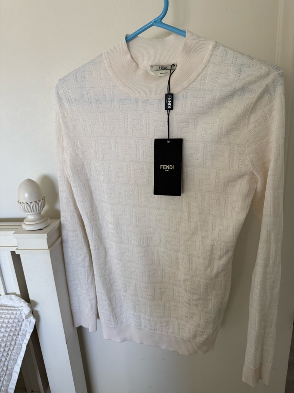 Fendi mock neck off White Logo-Embossed Knit Sweater Sz 42 NWT